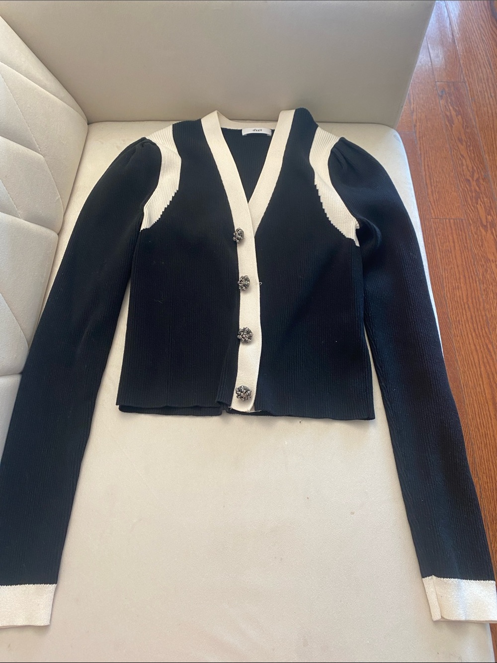 Black and Cream V-Neck Button Cardigan - Women's Sweater